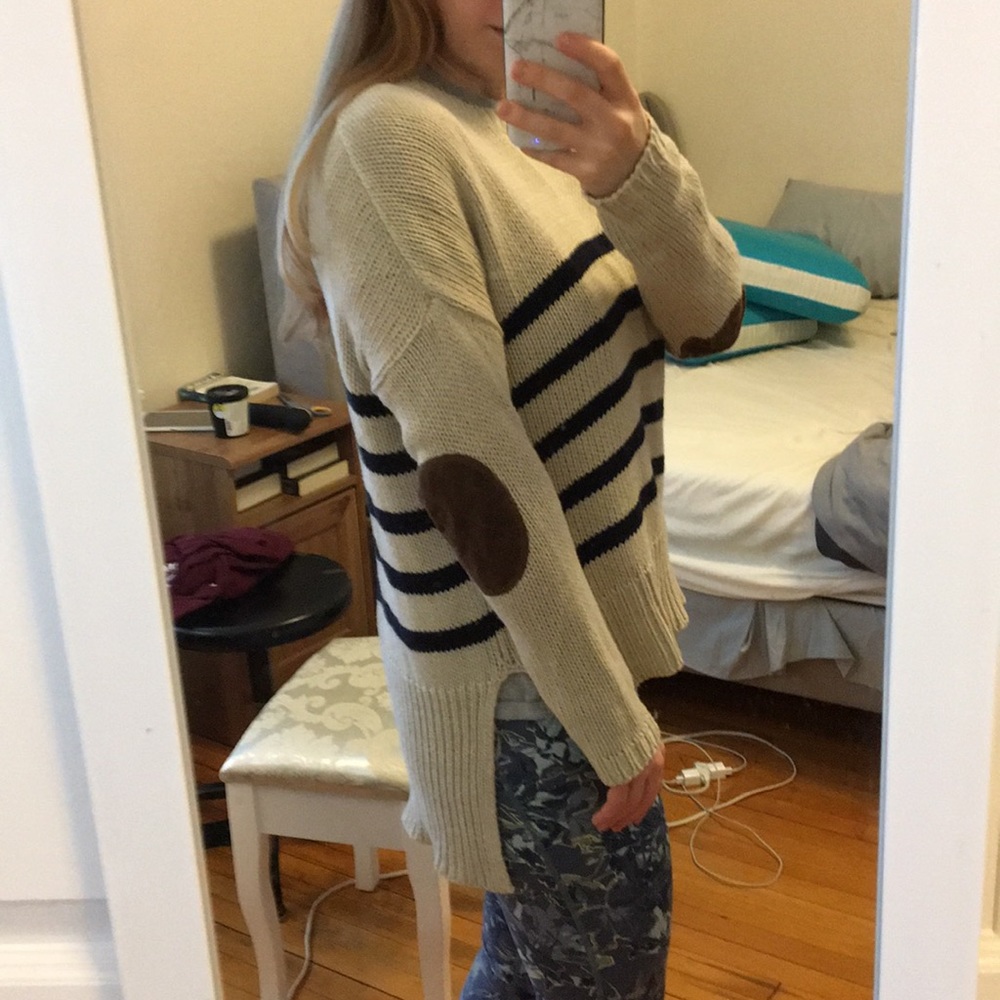 Francesca’s Striped Hi Low Elbow Patch Sweater